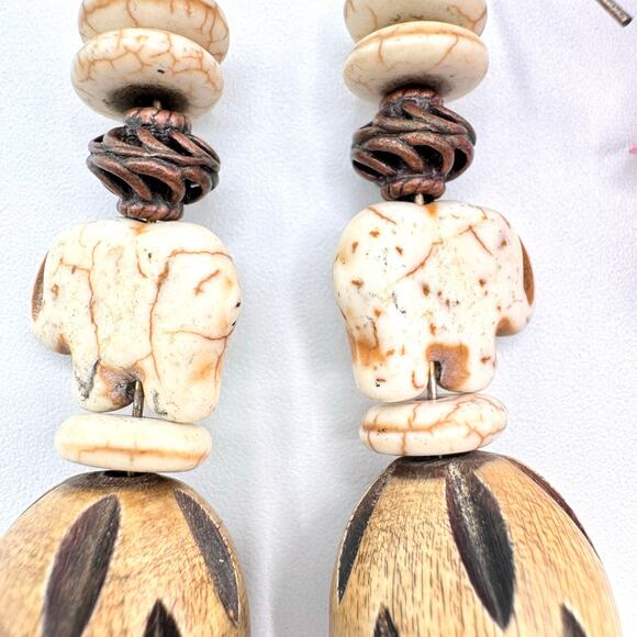 Tribal Native Folk Art Carved Howlite Elephant Nut Chunky Big Statement Earrings - Picture 9 of 12